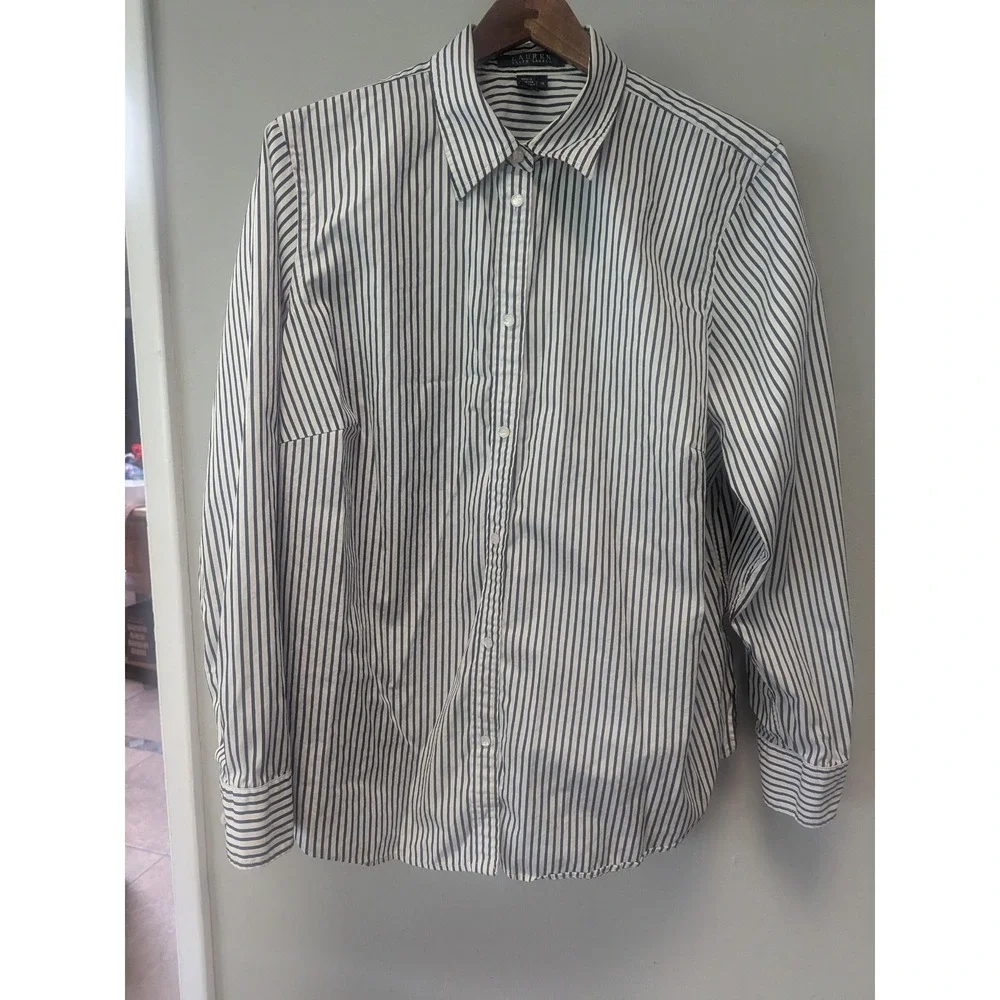 Lauren Ralph Lauren Womens 1X Blue White Striped‎ Cotton Button Front Shirt